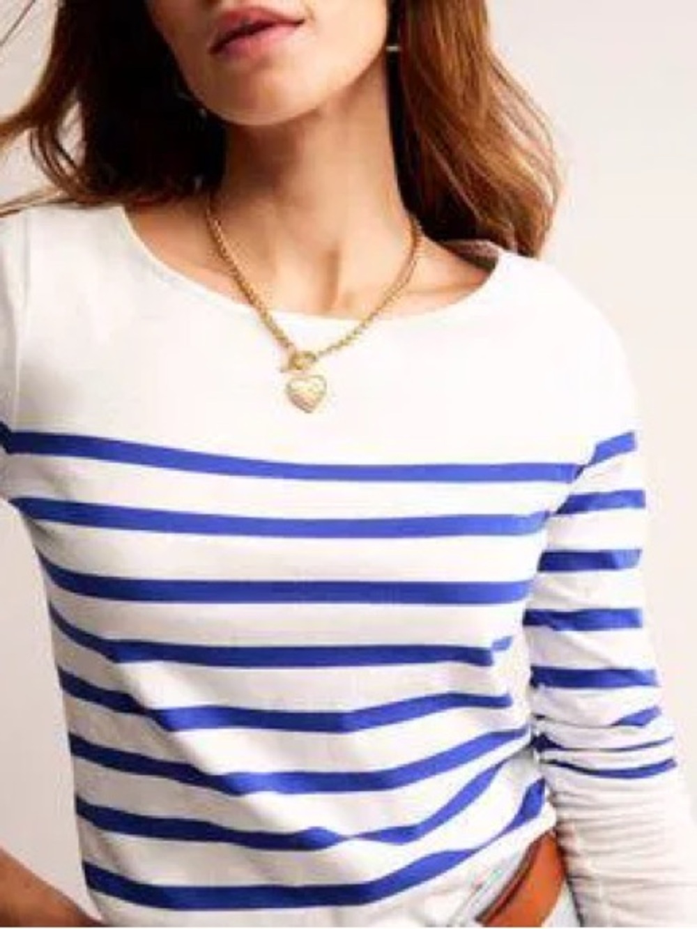 Boden Ella Breton White and Blue Striped Long Sleeve Tee 100% Cotton Size 8